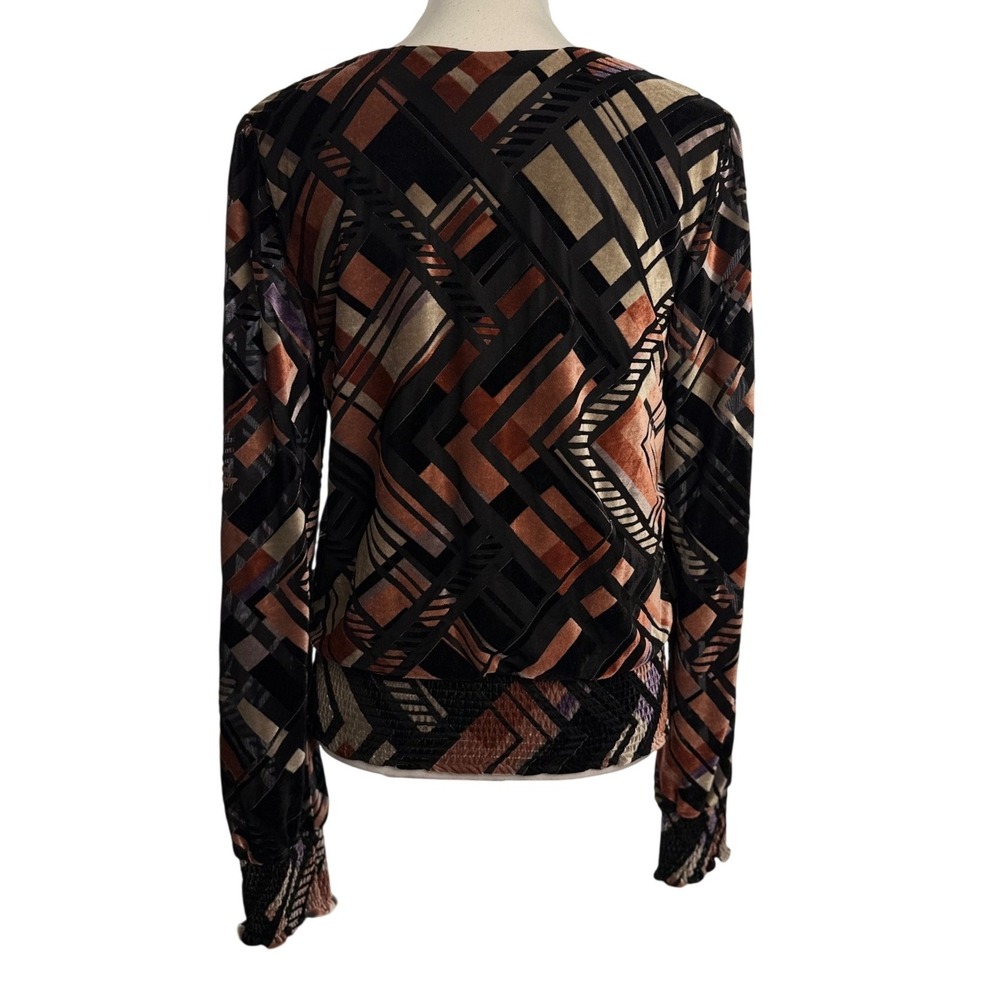 White House Black Market Burnout Velvet Geometric Blouse Copper Black Medium - Picture 5 of 10